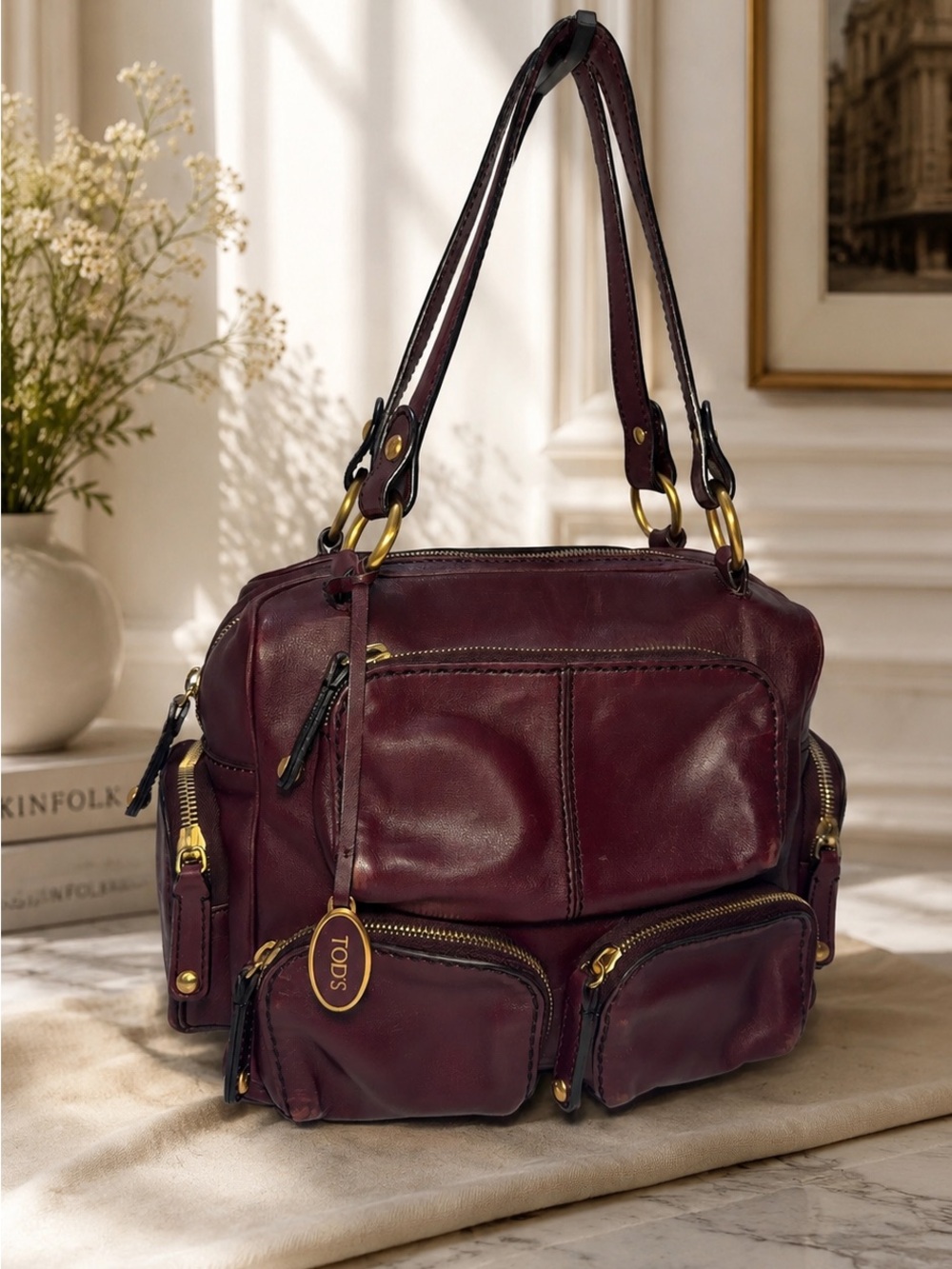 TOD’S Multi-Pocket Leather Satchel – Bordeaux